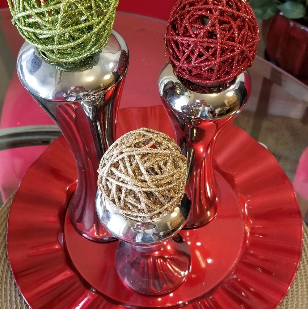 7p CANDLE HOLDERS, RATTAN SPHERES & PLATE SET HOME DECOR CHRISTMAS DISPLAY 🎄
